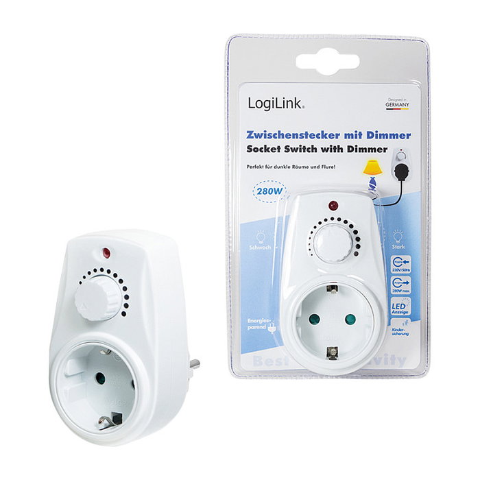 LogiLink PA0151 Regulador de Intensidad Dimerizable Montable para Euroenchufe, Control Giratorio, Blanco