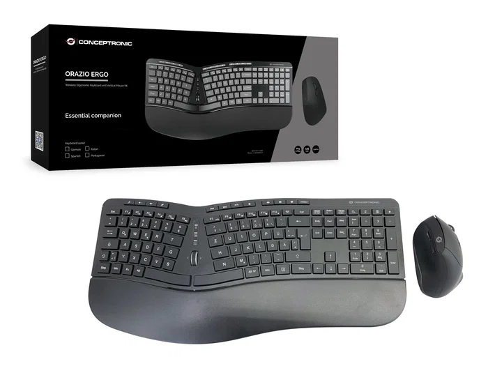 Conceptronic ORAZIO02DE Combo de Teclado y Ratón Ergonómico Inalámbrico QWERTZ Alemán Negro