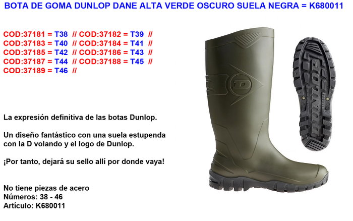 DUNLOP Bota de Agua Dane Caña Alta Verde Talla 40 DUNLOP Bota de Agua Dane Caña Alta Verde Talla 40