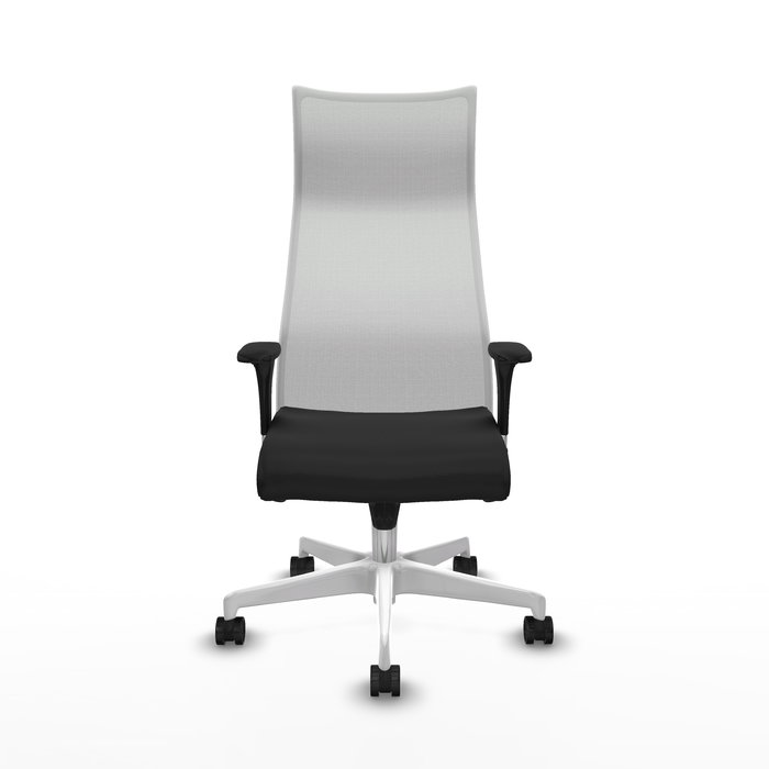 Sillón Albacete con mecanismo Sincro tapizada con Similpiel color Negro y malla color Blanco. Equipado con Base poliamida blanca, Brazos 1D y Ruedas 65mm nailon