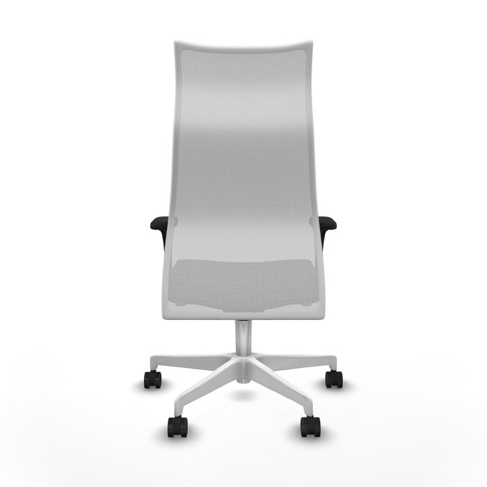 Sillón Albacete con mecanismo Sincro tapizada con Similpiel color Negro y malla color Blanco. Equipado con Base poliamida blanca, Brazos 1D y Ruedas 65mm nailon