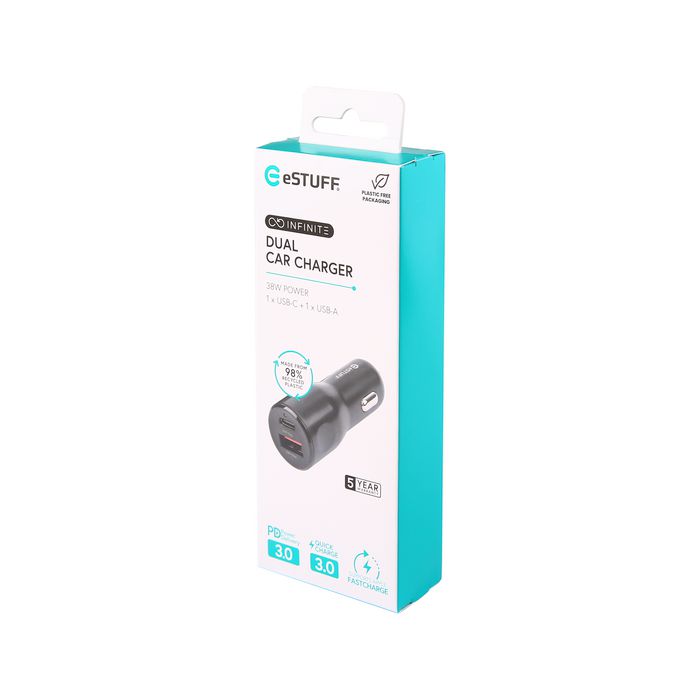 eSTUFF Cargador de Coche Doble Puertos INFINITE USB-C PD 20W + USB-A 18W 38W Carga Rápida Compatible QC3.0 eSTUFF Cargador de Coche Doble Puertos INFINITE USB-C PD 20W + USB-A 18W 38W Carga Rápida Compatible QC3.0