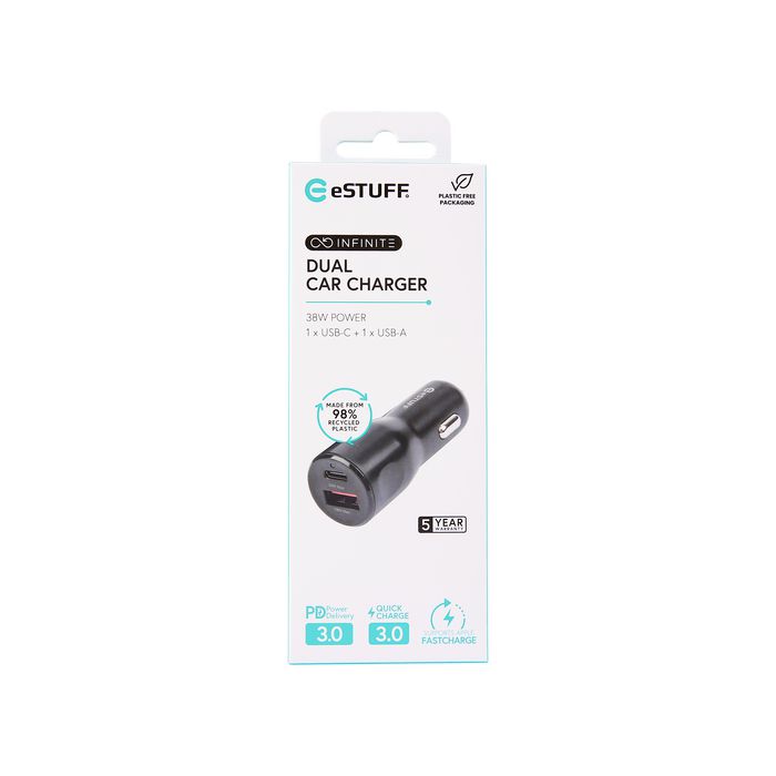 eSTUFF Cargador de Coche Doble Puertos INFINITE USB-C PD 20W + USB-A 18W 38W Carga Rápida Compatible QC3.0 eSTUFF Cargador de Coche Doble Puertos INFINITE USB-C PD 20W + USB-A 18W 38W Carga Rápida Compatible QC3.0