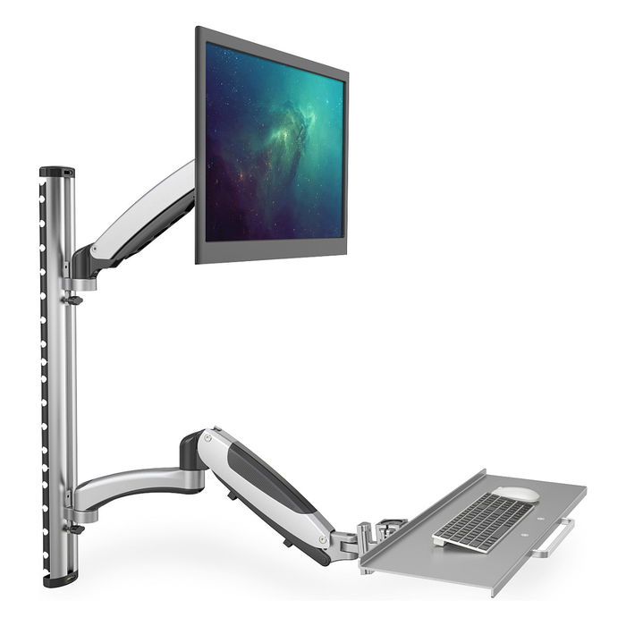 Digitus DA-90354 Soporte de Pared para Monitor 17 a 27 Pulgadas y Teclado, Sostiene Hasta 8 kg, Ajuste en Altura, Inclinacion 0-90 Grados, Color Plata