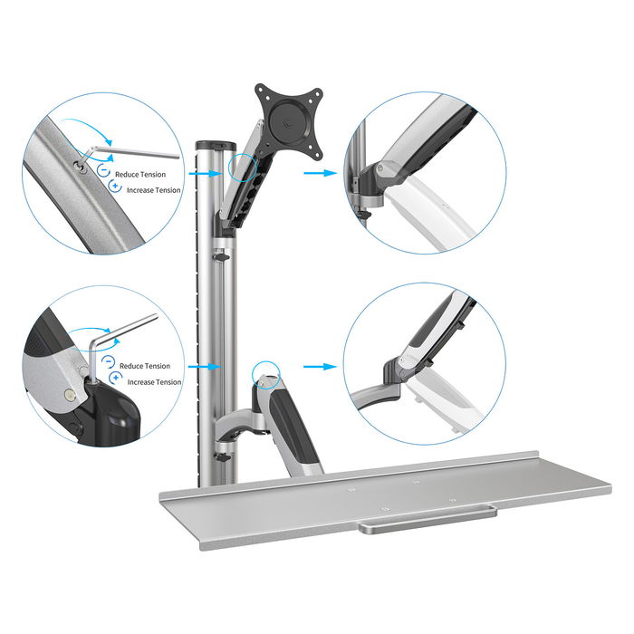 Digitus DA-90354 Soporte de Pared para Monitor 17 a 27 Pulgadas y Teclado, Sostiene Hasta 8 kg, Ajuste en Altura, Inclinacion 0-90 Grados, Color Plata