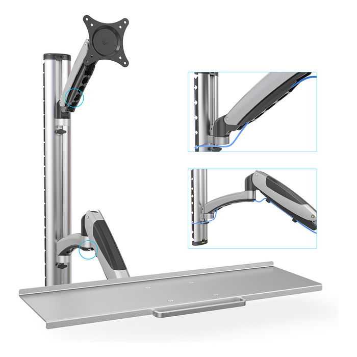 Digitus DA-90354 Soporte de Pared para Monitor 17 a 27 Pulgadas y Teclado, Sostiene Hasta 8 kg, Ajuste en Altura, Inclinacion 0-90 Grados, Color Plata