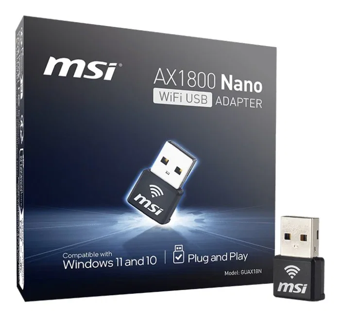 MSI Adapter WiFi USB Nano AX1800 Wi-Fi 6 (802.11ax) 1201 Mbps Dual Banda (2.4/5 GHz) Negro, Inalámbrico