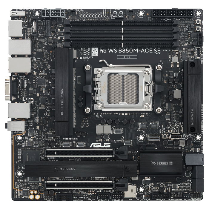 ASUS PRO WS B850M-ACE SE, Placa base Micro ATX AMD B850, Socket AM5, soporte AMD Ryzen 7000/8000/9000, DDR5 8000 MHz, 256 GB max, 3 puertos LAN, 2 puertos M.2 PCIe 5.0, 7.1 audio ASUS PRO WS B850M-ACE SE, Placa base Micro ATX AMD B850, Socket AM5, soporte AMD Ryzen 7000/8000/9000, DDR5 8000 MHz, 256 GB max, 3 puertos LAN, 2 puertos M.2 PCIe 5.0, 7.1 audio
