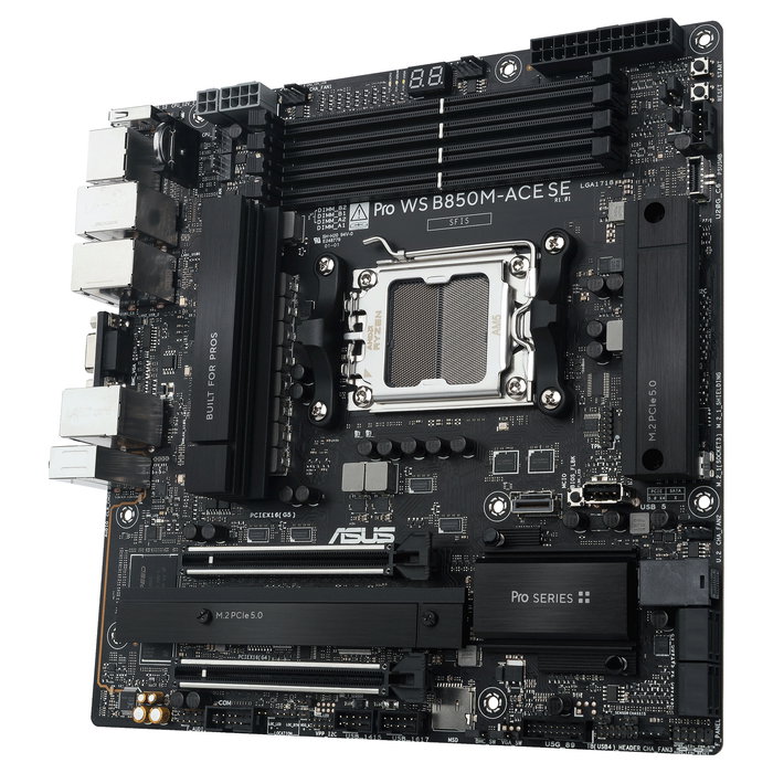 ASUS PRO WS B850M-ACE SE, Placa base Micro ATX AMD B850, Socket AM5, soporte AMD Ryzen 7000/8000/9000, DDR5 8000 MHz, 256 GB max, 3 puertos LAN, 2 puertos M.2 PCIe 5.0, 7.1 audio ASUS PRO WS B850M-ACE SE, Placa base Micro ATX AMD B850, Socket AM5, soporte AMD Ryzen 7000/8000/9000, DDR5 8000 MHz, 256 GB max, 3 puertos LAN, 2 puertos M.2 PCIe 5.0, 7.1 audio
