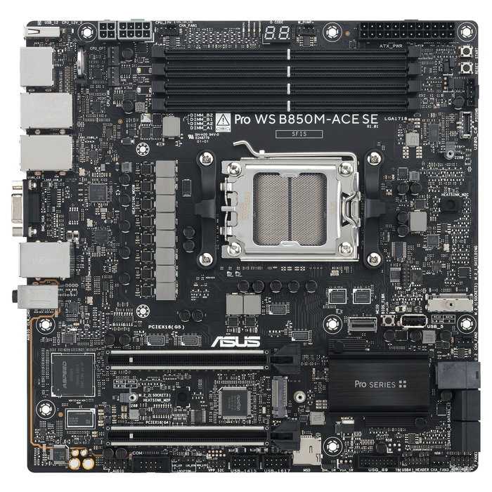 ASUS PRO WS B850M-ACE SE, Placa base Micro ATX AMD B850, Socket AM5, soporte AMD Ryzen 7000/8000/9000, DDR5 8000 MHz, 256 GB max, 3 puertos LAN, 2 puertos M.2 PCIe 5.0, 7.1 audio ASUS PRO WS B850M-ACE SE, Placa base Micro ATX AMD B850, Socket AM5, soporte AMD Ryzen 7000/8000/9000, DDR5 8000 MHz, 256 GB max, 3 puertos LAN, 2 puertos M.2 PCIe 5.0, 7.1 audio