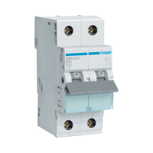 Hager MBN216 Interruptor magnetotérmico 2 polos 16A 6kA B Hager MBN216 Interruptor magnetotérmico 2 polos 16A 6kA B