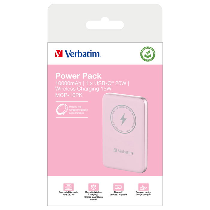 Verbatim Charge 'n' Go Powerbank 10000mAh Rosa Carga Inalámbrica PD 3.0 QC 3.0