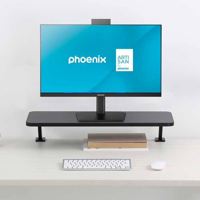 Phoenix Technologies Soporte Elevador de Monitor para Escritorio, de MDF y Metal, 20 kg, Ajuste por Abrazadera, 65x26 cm, Negro