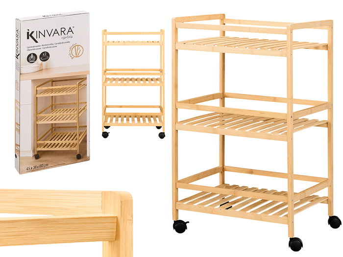 Kinvara Carro Ancho Bambú 3 Alturas con Ruedas 85 x 6 x 38 cm Kinvara Carro Ancho Bambú 3 Alturas con Ruedas 85 x 6 x 38 cm