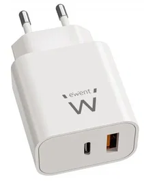 Ewent Cargador Rápido EW1318 20W GaN PPS con 1x USB-C Power Delivery y 1x USB-A QC 3.0 para iPhone 17, Android y Tablets - Blanco