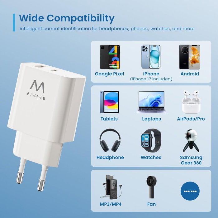 Ewent EW1318 Cargador Rápido GaN 20W USB-C y USB-A Blanco
