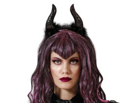 Atosa Diadema de Cuernos Negros con Peluca Larga Violeta para Disfraz de Diabla