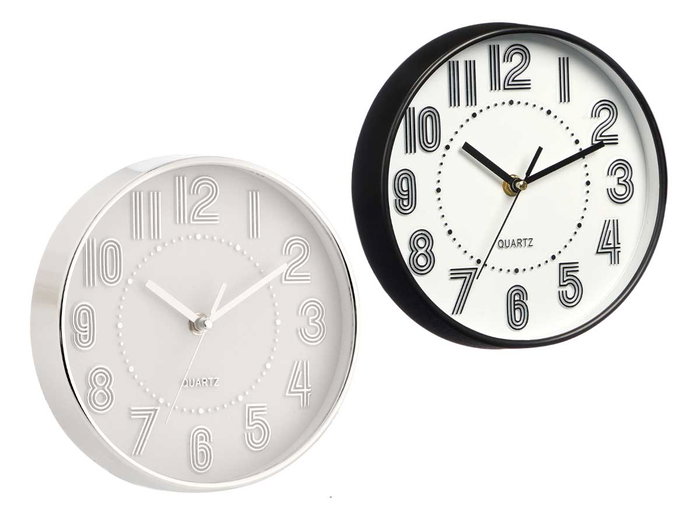 Giftdecor Reloj Redondo 20 cm Plástico y Vidrio, Esfera Blanca con Números Rayas Surtidos, Color Negro y Plata (Set de 12)