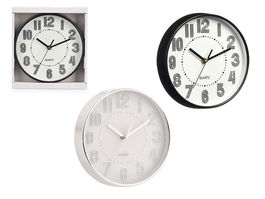 Giftdecor Reloj Redondo 20 cm Plástico y Vidrio, Esfera Blanca con Números Rayas Surtidos, Color Negro y Plata (Set de 12)