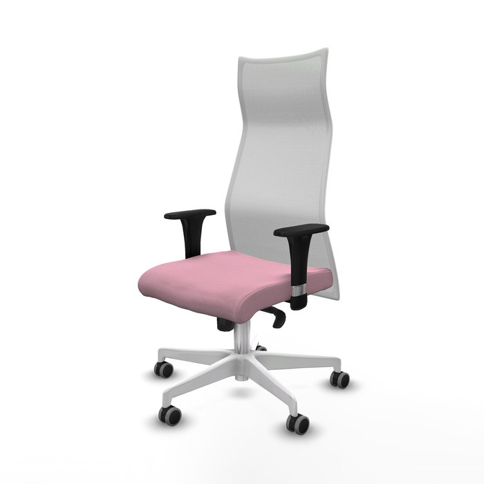 Sillón Albacete con mecanismo Sincro tapizada con Tela color Rosa y malla color Blanco. Equipado con Base poliamida blanca, Brazos 1D y Ruedas 65 mm parqué