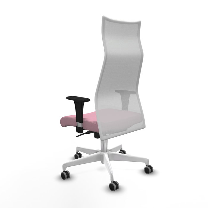 Sillón Albacete con mecanismo Sincro tapizada con Tela color Rosa y malla color Blanco. Equipado con Base poliamida blanca, Brazos 1D y Ruedas 65 mm parqué