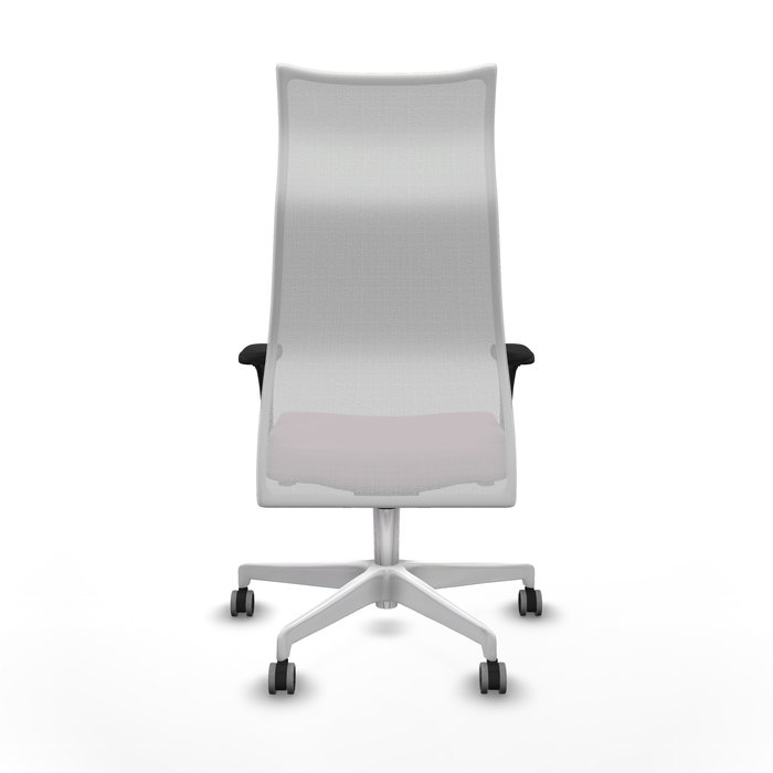 Sillón Albacete con mecanismo Sincro tapizada con Tela color Rosa y malla color Blanco. Equipado con Base poliamida blanca, Brazos 1D y Ruedas 65 mm parqué
