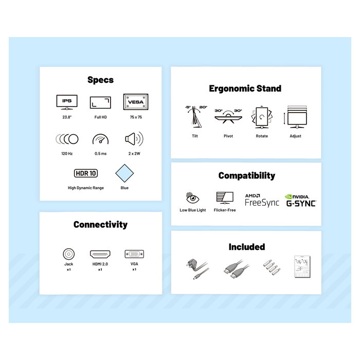 JAPANNEXT JN-I238FHD120F-HSP-BB Monitor Gaming IPS de 23.8 Pulgadas Full HD, 120Hz, 0.5ms, FreeSync, Altavoces, VESA, Ajustable, Color Azul