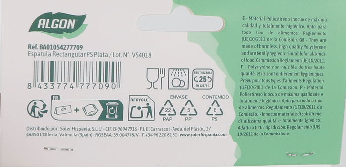 Algon Espátula Rectangular Ps Plata 24.5 cm Largo x 7.5 cm Ancho x 4 cm Alto (24 Unidades)