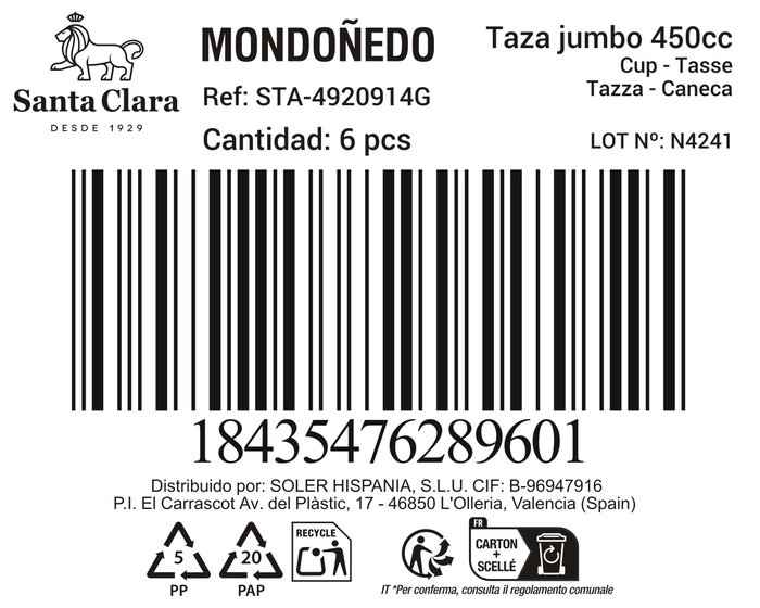 Inde Taza Jumbo Mondoñedo 450 ml Gris, Ø 11.7 x 7.7 cm, 318 g (6 Unidades)