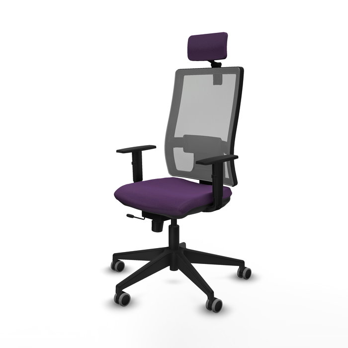Silla de oficina Horna con mecanismo Sincro/Traslack tapizada con Tela color Morado y malla color Gris. Equipada con lumbar 1D, Brazos 1D, Cabecero 2D y Ruedas 65 mm parqué Silla de oficina Horna con mecanismo Sincro/Traslack tapizada con Tela color Morado y malla color Gris. Equipada con lumbar 1D, Brazos 1D, Cabecero 2D y Ruedas 65 mm parqué