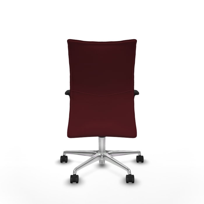 Silla Albacete confidente con mecanismo Sincro tapizada con Similpiel color Granate. Equipada con Base aluminio, Brazos 1D y Ruedas 65mm nailon