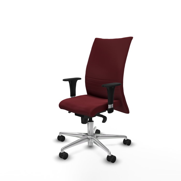 Silla Albacete confidente con mecanismo Sincro tapizada con Similpiel color Granate. Equipada con Base aluminio, Brazos 1D y Ruedas 65mm nailon