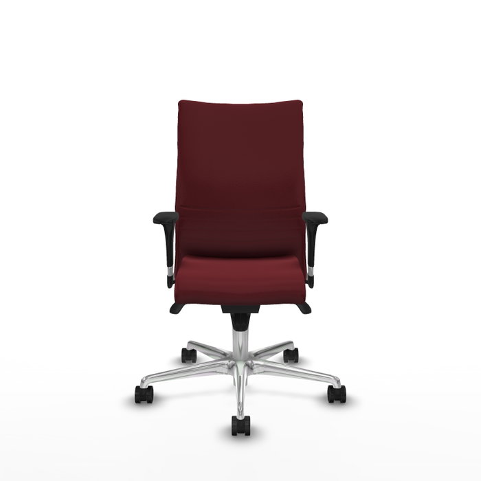 Silla Albacete confidente con mecanismo Sincro tapizada con Similpiel color Granate. Equipada con Base aluminio, Brazos 1D y Ruedas 65mm nailon