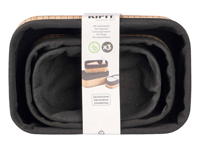 Kipit Set 3 Organizadores Bambú y Tela Negro 24x15x11 cm (3 Tamaños) con Medidas Adicionales (Set de 12)