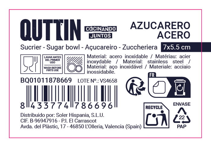 Inde Azucarero Acero 7.3 x 6.6 x 8.7 cm (12 Unidades)