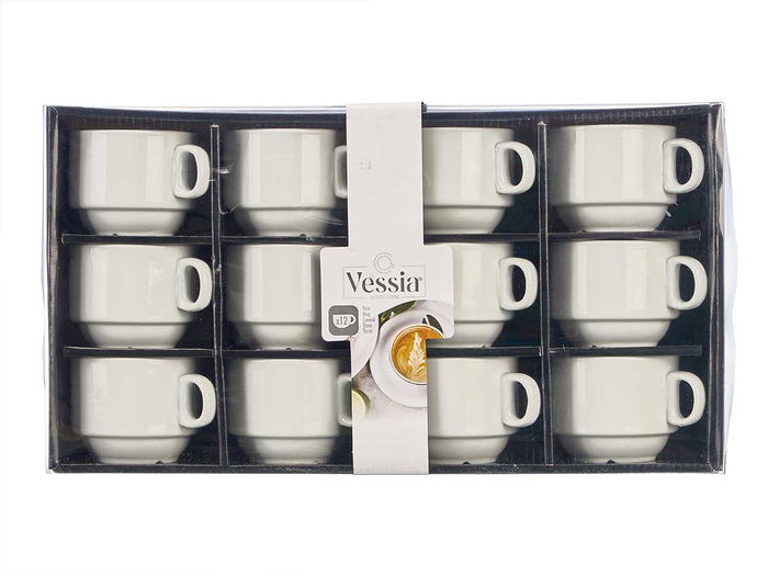 Vessia Taza Porcelana Apilable 220 ml, Blanco, 10.5x8x6.5 cm (Set de 48)