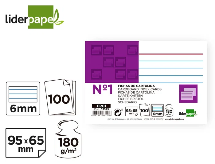 Liderpapel Ficha Rayada nº1 65x95 mm 180gr Paquete de 100 Unidades