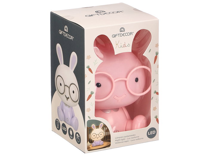 Giftdecor Lámpara Infantil Noche Quitamiedos Conejo con USB y 3 Intensidades - Color Aleatorio (Azul, Blanco o Rosa) - Dimensiones 14x22.5x13 cm (Set de 8)