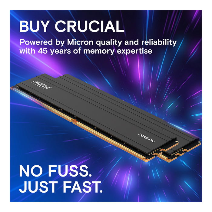 Crucial Pro DDR5 16GB DIMM 288-PIN Low Profile, 6000MHz PC5-48000, CL48, 1.1V, Unbuffered, On-Die ECC, Color Negro Mate Crucial Pro DDR5 16GB DIMM 288-PIN Low Profile, 6000MHz PC5-48000, CL48, 1.1V, Unbuffered, On-Die ECC, Color Negro Mate