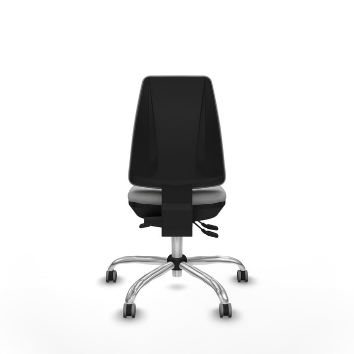 Silla de oficina Elche con mecanismo Asincro tapizada con Tela color Gris claro. Equipada con Base cromada, Sin brazos y Ruedas 65 mm parqué