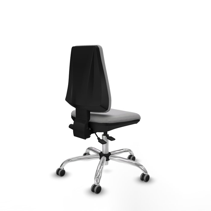 Silla de oficina Elche con mecanismo Asincro tapizada con Tela color Gris claro. Equipada con Base cromada, Sin brazos y Ruedas 65 mm parqué
