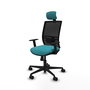Silla de oficina Yunquera con mecanismo Sincro tapizada con Tela color Turquesa y malla color Negro. Equipada con lumbar 1D, Brazos 1D, Cabecero 1D y Ruedas 65mm nailon