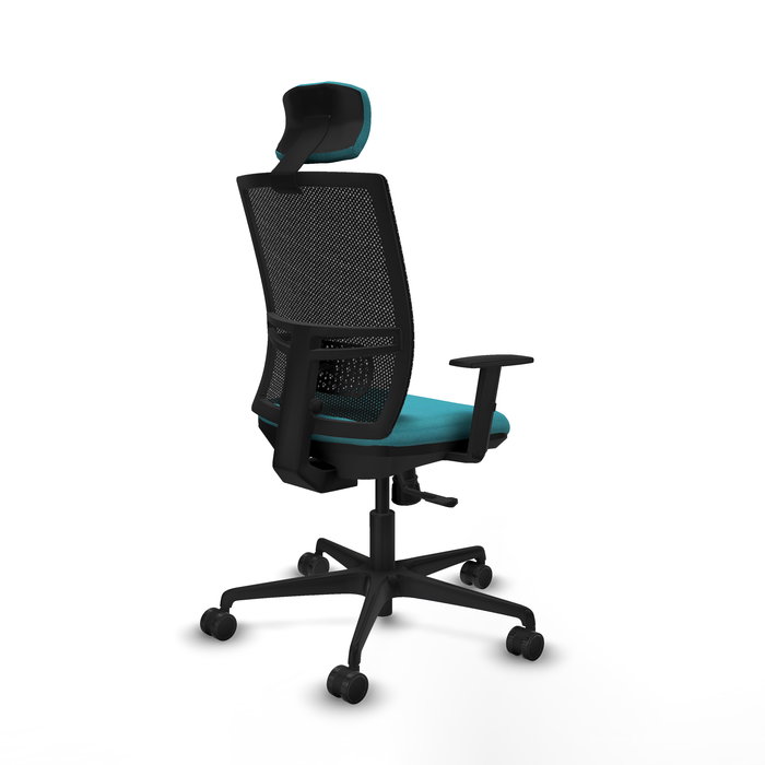 Silla de oficina Yunquera con mecanismo Sincro tapizada con Tela color Turquesa y malla color Negro. Equipada con lumbar 1D, Brazos 1D, Cabecero 1D y Ruedas 65mm nailon