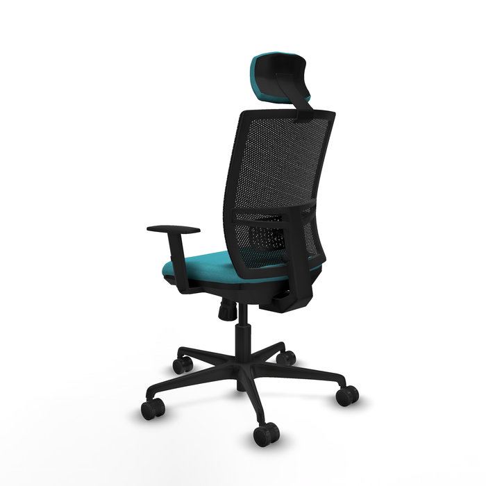 Silla de oficina Yunquera con mecanismo Sincro tapizada con Tela color Turquesa y malla color Negro. Equipada con lumbar 1D, Brazos 1D, Cabecero 1D y Ruedas 65mm nailon