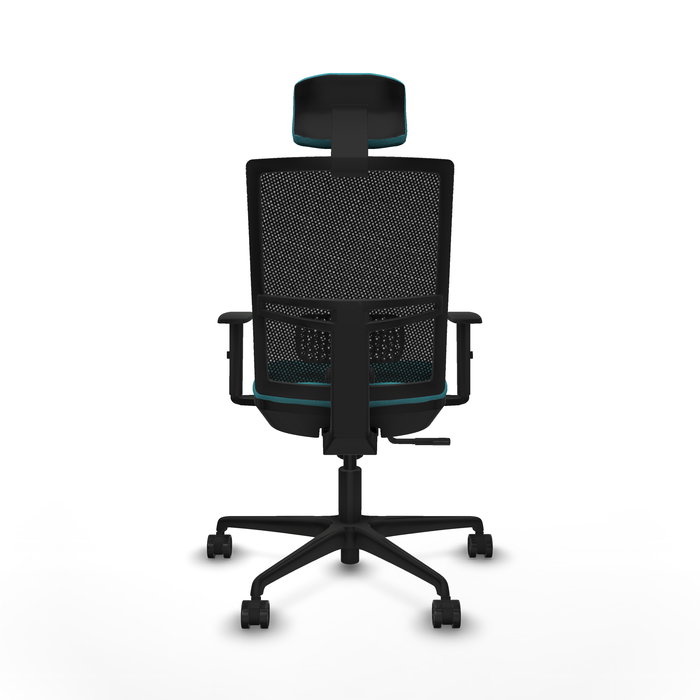 Silla de oficina Yunquera con mecanismo Sincro tapizada con Tela color Turquesa y malla color Negro. Equipada con lumbar 1D, Brazos 1D, Cabecero 1D y Ruedas 65mm nailon