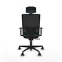 Silla de oficina Yunquera con mecanismo Sincro tapizada con Tela color Turquesa y malla color Negro. Equipada con lumbar 1D, Brazos 1D, Cabecero 1D y Ruedas 65mm nailon