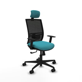 Silla de oficina Yunquera con mecanismo Sincro tapizada con Tela color Turquesa y malla color Negro. Equipada con lumbar 1D, Brazos 1D, Cabecero 1D y Ruedas 65mm nailon