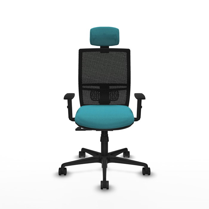 Silla de oficina Yunquera con mecanismo Sincro tapizada con Tela color Turquesa y malla color Negro. Equipada con lumbar 1D, Brazos 1D, Cabecero 1D y Ruedas 65mm nailon