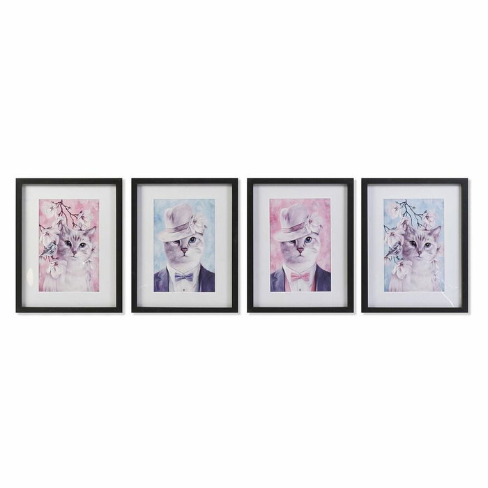 DKD Home Decor Set de 4 Cuadros Enmarcados de Gatos, 35x2x45 cm, Rosa y Negro