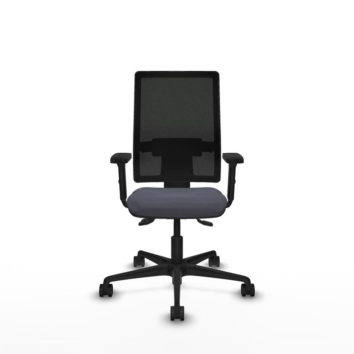 Silla de oficina Bormate con mecanismo Asincro tapizada con Tela color Gris oscuro y malla color Negro. Equipada con lumbar 1D, Brazos 2D y Ruedas 65mm nailon